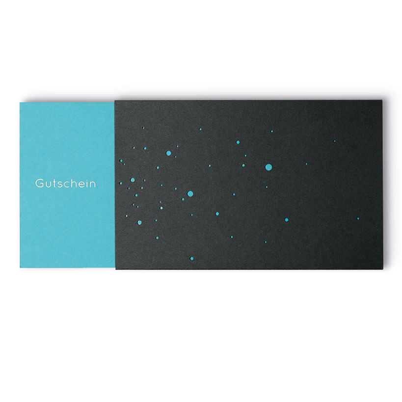VOUCHER with gold embossing in German, turquoise